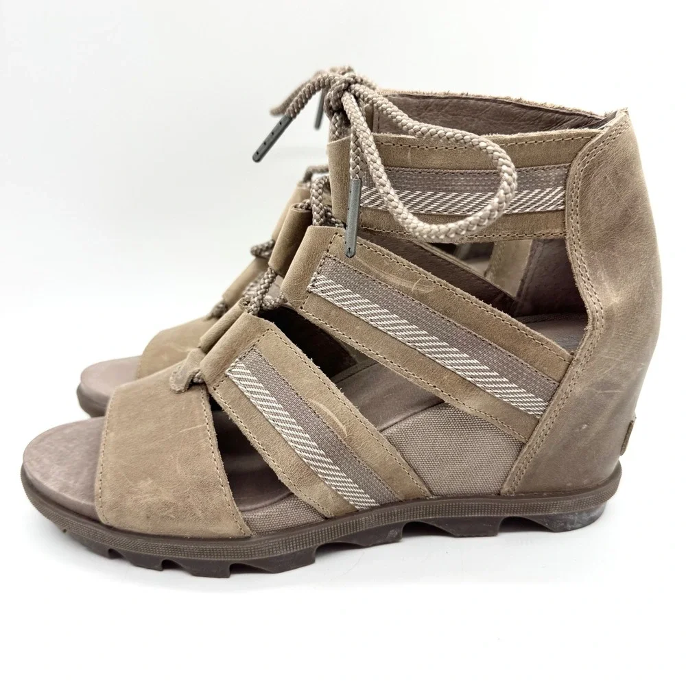 Sorel Joanie II Lace Up Open Toe Comfort Wedge Sandal Taupe Tan Womens‎ Size 11